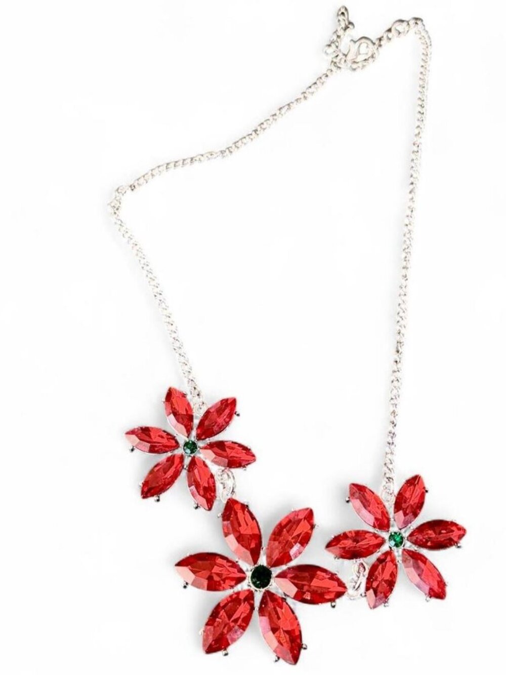 Red Flower Charm Statement Necklace Silver Chain